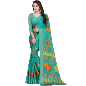 Generic Women's Viscose Rayon Printed Saree With Unstitched Blouse (Teal)