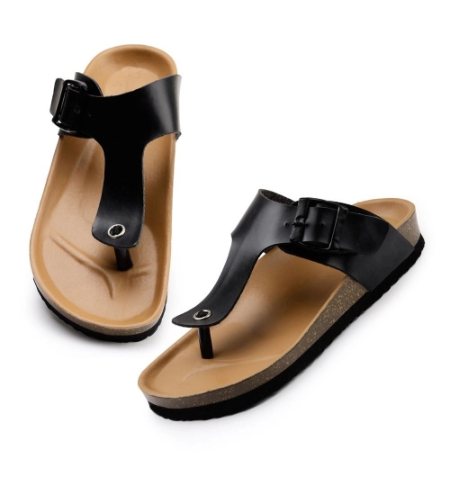 Unisex Cork Adjustable Buckle Straps Cork Sandals (Black)