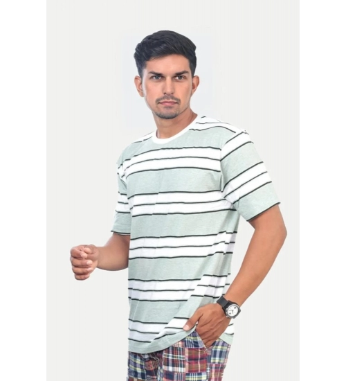 Men's Casual Half sleeve Stripped Cotton Crew Neck T-shirt (White )