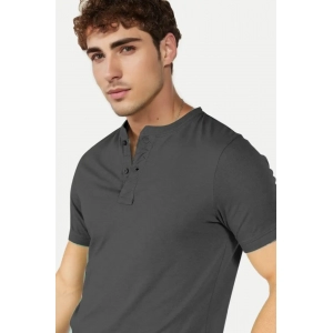 Generic Men's Casual Half sleeve Solid Cotton Henley Neck T-shirt (Dark Grey)