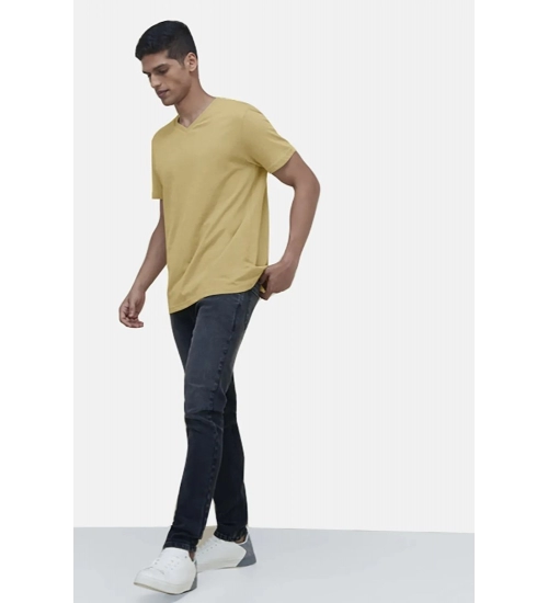 Men's Casual Half sleeve Solid Cotton V Neck T-shirt (Sand)