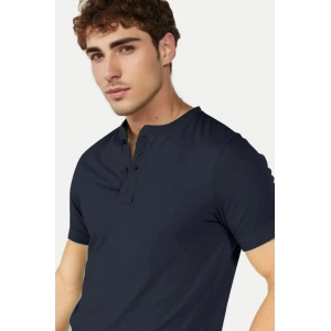 Generic Men's Casual Half sleeve Solid Cotton Henley Neck T-shirt (Airforce)