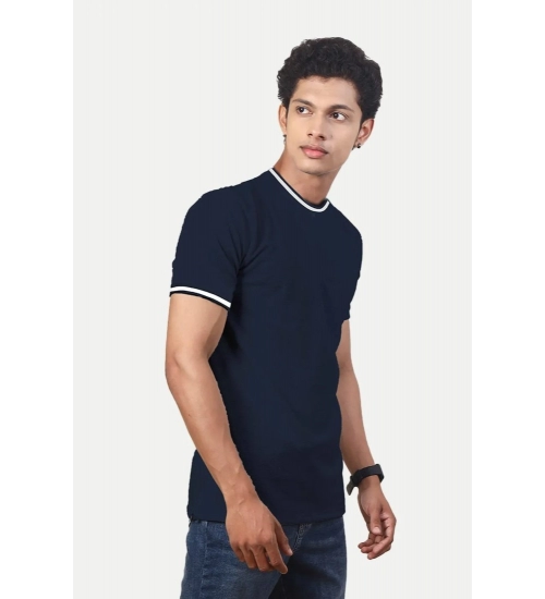 Men's Casual Half sleeve Solid Polyester Crew Neck T-shirt (Navy)