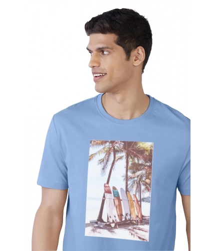 Men's Casual Half sleeve Digital Printed Cotton Crew Neck T-shirt (Sky Blue)