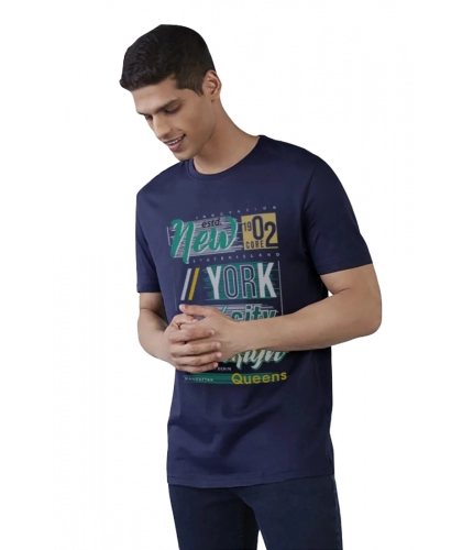 Men's Casual Half sleeve Printed Polyester Crew Neck T-shirt (Navy)