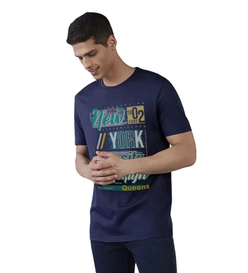 Men's Casual Half sleeve Printed Polyester Crew Neck T-shirt (Navy)