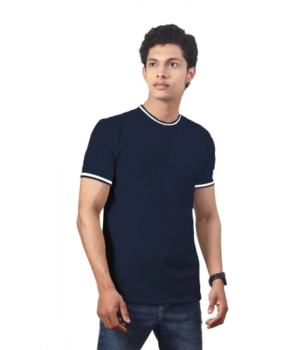 Men's Casual Half sleeve Solid Polyester Crew Neck T-shirt (Navy)