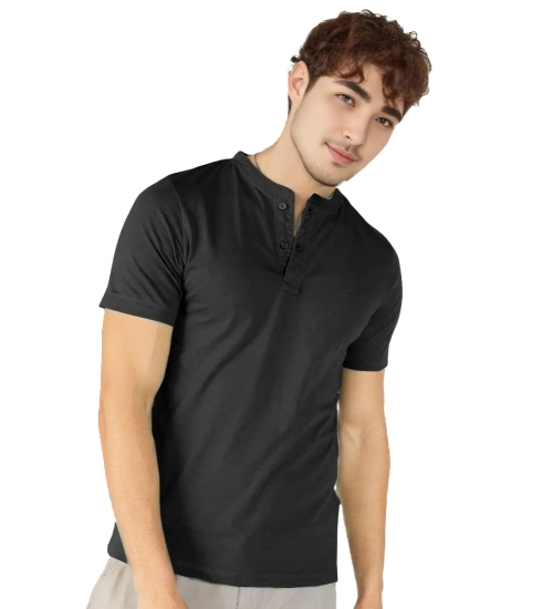 Men's Casual Half sleeve Solid Cotton Henley Neck T-shirt (Black)