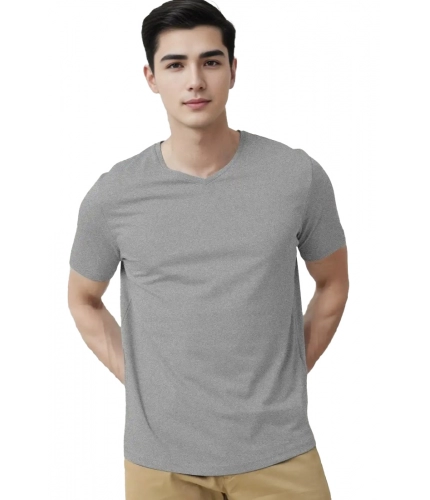 Men's Casual Half sleeve Solid Cotton V Neck T-shirt (Grey Melange)