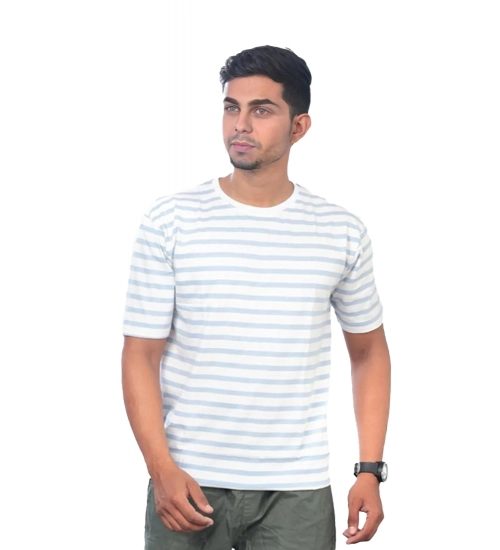 Men's Casual Half sleeve Stripped Cotton Crew Neck T-shirt (White)
