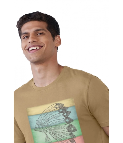 Men's Casual Half sleeve Digital Printed Cotton Crew Neck T-shirt (Sand)