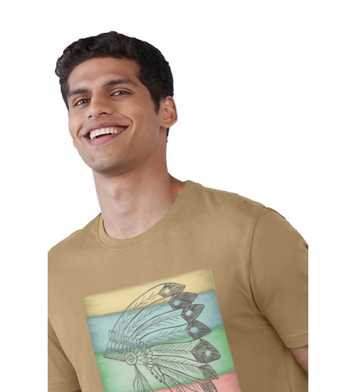 Men's Casual Half sleeve Digital Printed Cotton Crew Neck T-shirt (Sand)