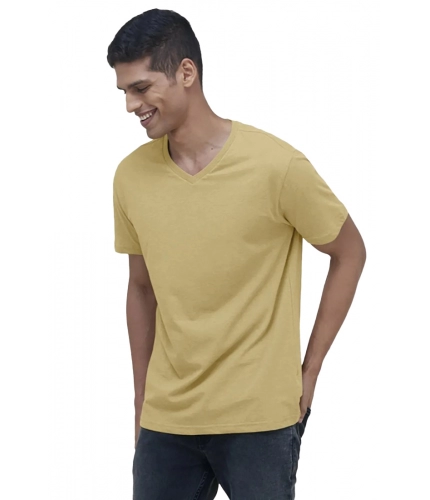 Men's Casual Half sleeve Solid Cotton V Neck T-shirt (Sand)