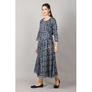 Generic Women's Casual 3/4 Sleeve Cotton Blend Printed Kurti (Dark Blue)