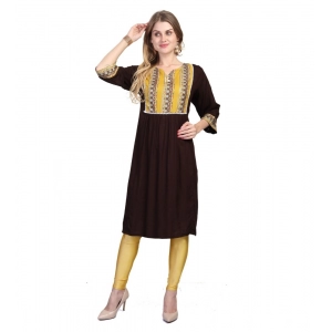 Generic Women's Casual 3/4 Sleeve Viscose Rayon Printed Kurti (Brown)