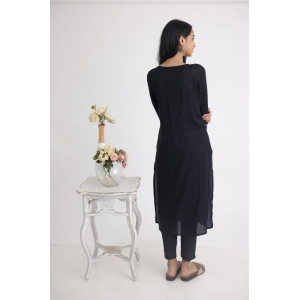 Generic Women's Casual 3/4 Sleeve Viscose Rayon Printed Kurti (Black)