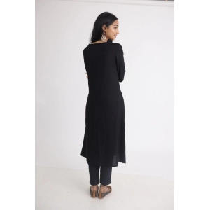 Generic Women's Casual 3/4 Sleeve Viscose Rayon Printed Kurti (Black)