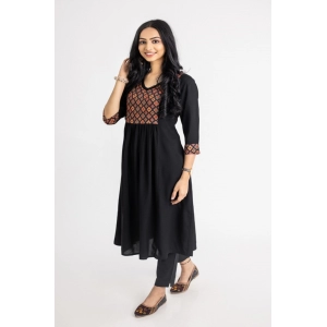 Generic Women's Casual 3/4 Sleeve Viscose Rayon Printed Kurti (Black)