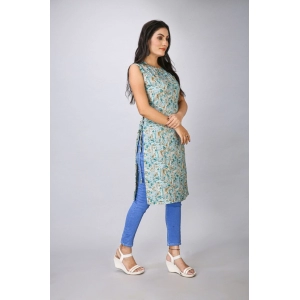 Generic Women's Casual Sleeveless Viscose Rayon Printed Kurti (Light Green)