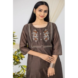 Generic Women's Casual 3/4 Sleeve Chanderi Printed Kurti (Brown)