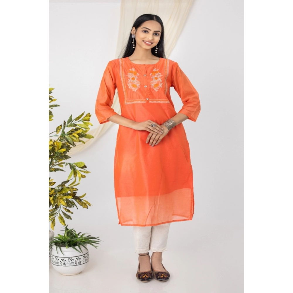 Generic Women's Casual 3/4 Sleeve Chanderi Printed Kurti (Pink)