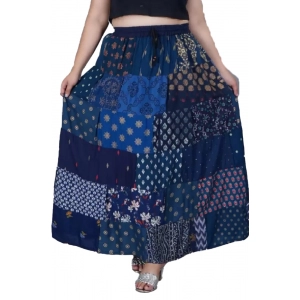 Generic Women's Rayon Printed Elastic Skirt (Blue, Free Size)