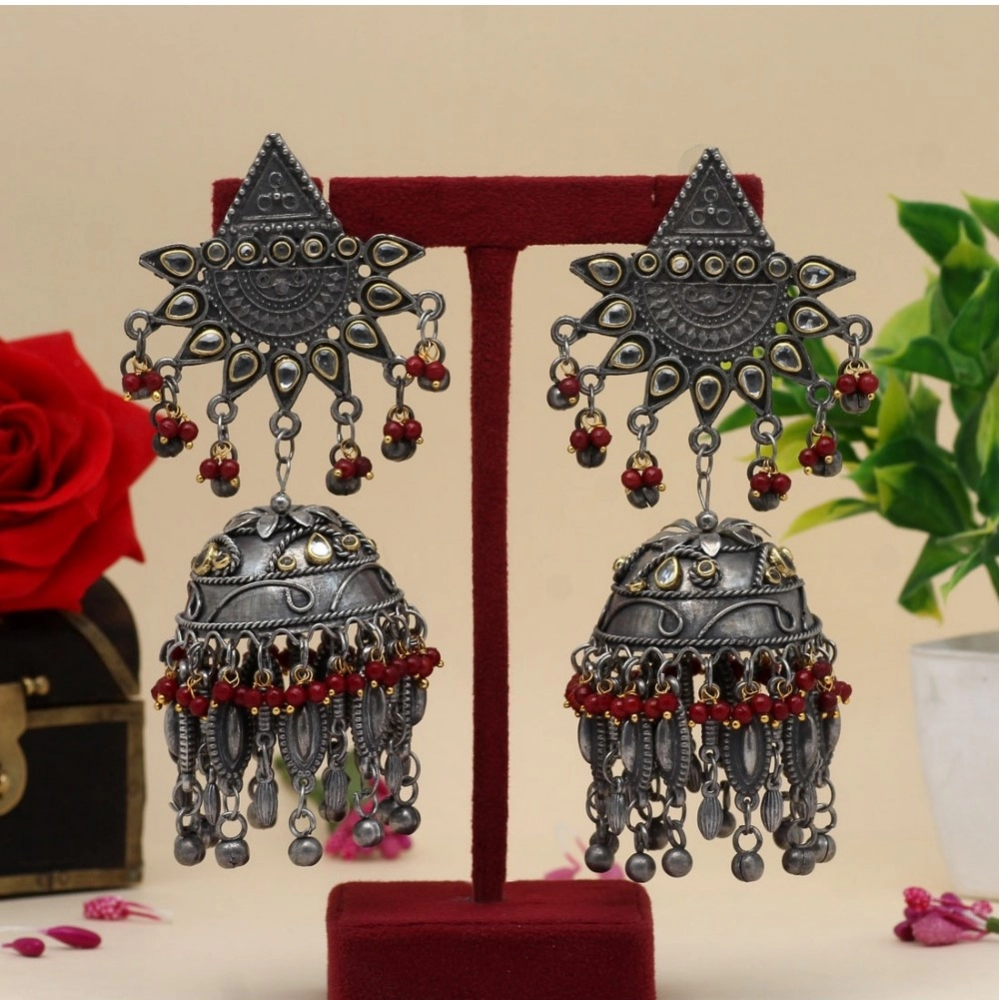 Generic Women's Maroon Color Oxidised Big Jhumka Earrings 