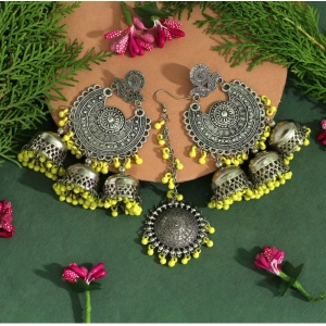 Generic Women's Yellow Color Oxidised Earrings Tikka Set 
