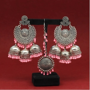 Generic Women's Baby Pink Color Oxidised Earrings Tikka Set 