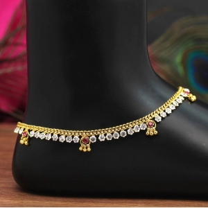 Generic Women's Rani & White Color Rhinestone Anklets (Free Size: Upto 10") 