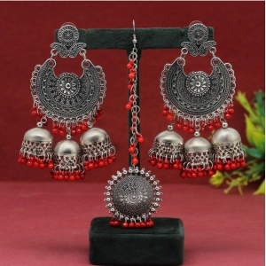 Generic Women's Red Color Oxidised Earrings Tikka Set 