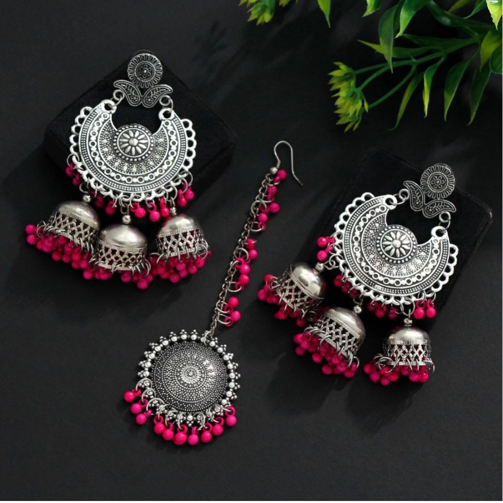 Generic Women's Rani Color Oxidised Earrings Tikka Set 