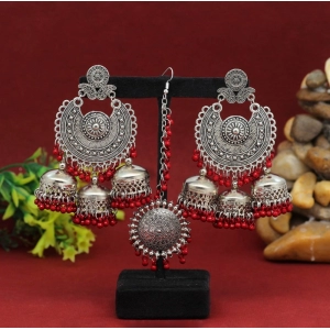 Generic Women's Maroon Color Oxidised Earrings Tikka Set 