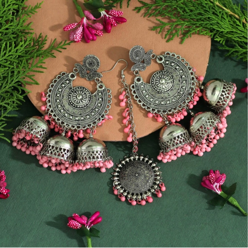 Generic Women's Baby Pink Color Oxidised Earrings Tikka Set 