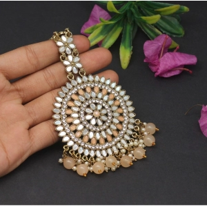 Generic Women's Peach Color Mirror Work Maang Tikka 