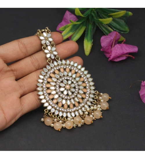 Women's Peach Color Mirror Work Maang Tikka Women's Peach Color Mirror Work Maang Tikka