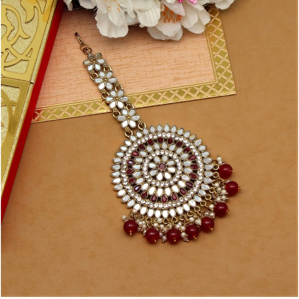 Generic Women's Maroon Color Mirror Work Maang Tikka 