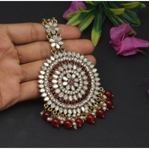 Generic Women's Maroon Color Mirror Work Maang Tikka 