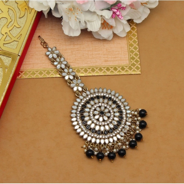 Dropship Women's Black Color Mirror Work Maang Tikka