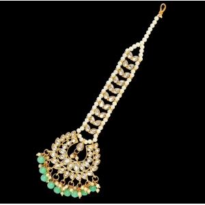 Generic Women's Green Color Imitation Pearl & Kundan Maang Tikka 