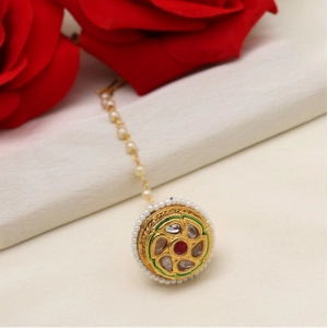 Generic Women's Maroon & Green Color Kundan Meena Borla Tikka 