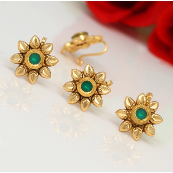 Dropship Women's Green Color Kundan Nose Pin Combo Of 4 Pieces