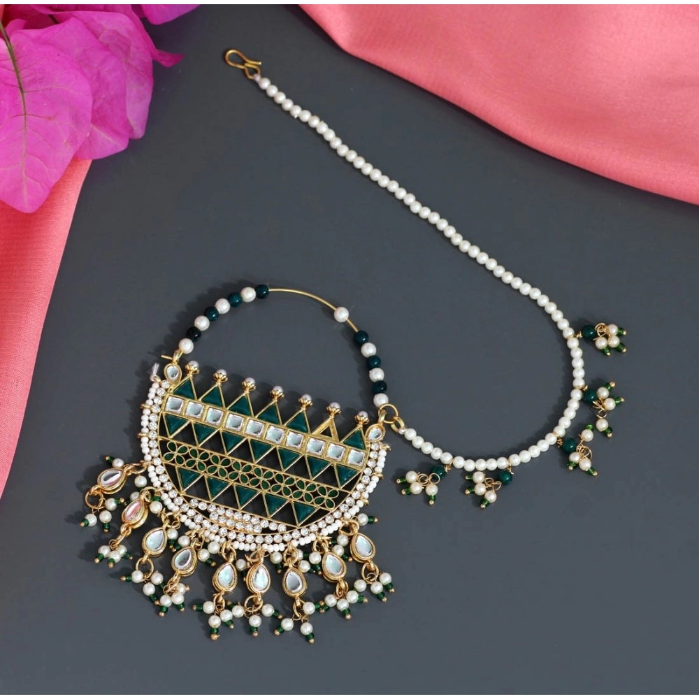 Generic Women's Green Color Kundan & Beads Nose Nath 