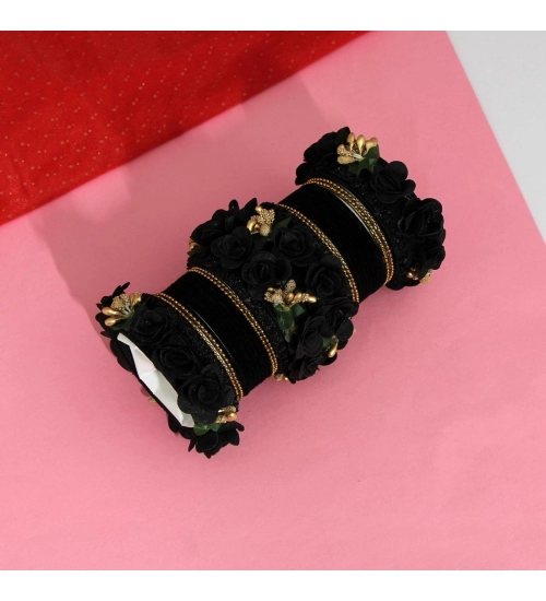 Women's Black Color Floral Bangles Set: 2.4 