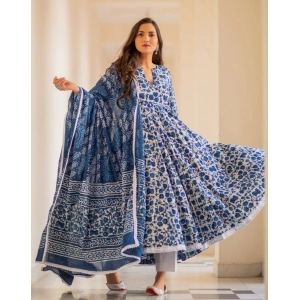 Generic Women's Casual 3/4th Sleeve Printed Cotton Kurti Set (Blue)