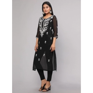 Generic Women's Casual 3/4th Sleeve Embroidered Georgette Kurti (Black)
