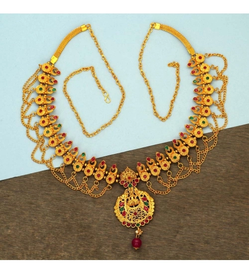 Women's Maroon & Green Color Glass Stone Kamarband Adjustable Chain