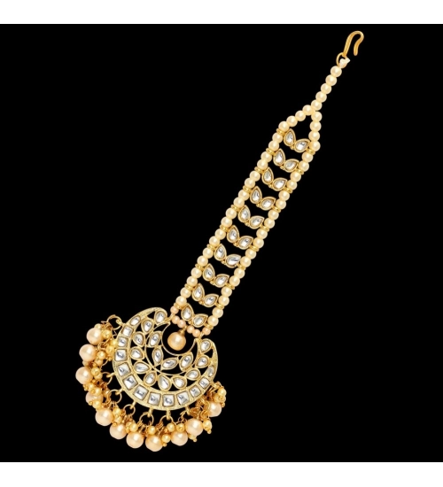 Women's Gold Color Imitation Pearl & Kundan Maang Tikka 