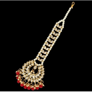 Generic Women's Red Color Imitation Pearl & Kundan Maang Tikka 