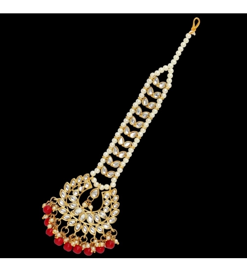 Women's Red Color Imitation Pearl & Kundan Maang Tikka Women's Red Color Imitation Pearl & Kundan Maang Tikka